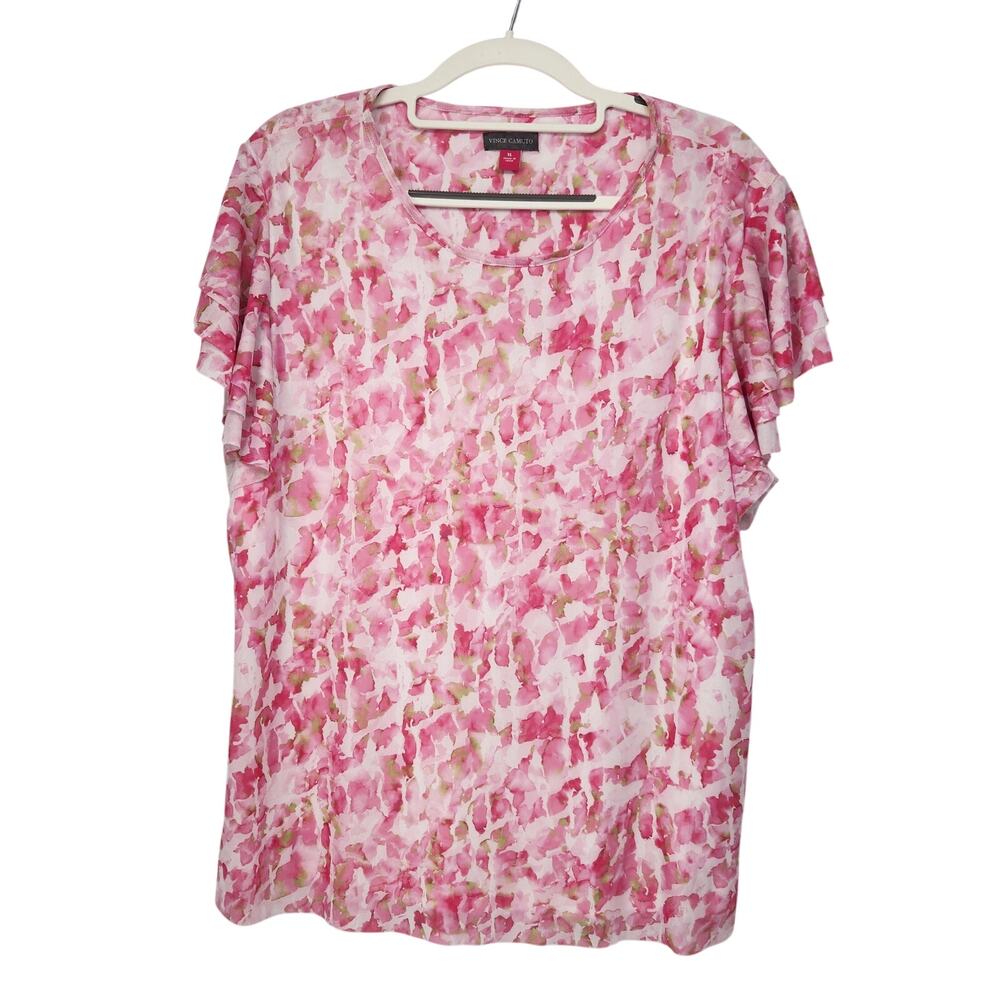 Vince Camuto Pink Abstract Floral Mesh Tiered Flutter Sleeve Top Women's M - Picture 2 of 10